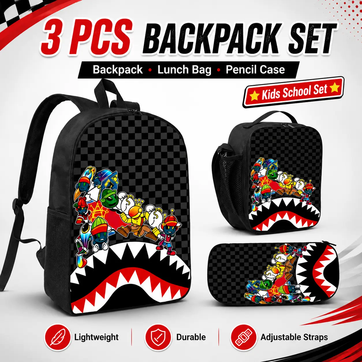 Urban Street Style Hip Hop Graffiti Shark Mouth Backpack Set - 3PCS Lightweight School Daypack with Lunch Box & Pencil Case for Teens Kids, Trendy Streetwear Gift
