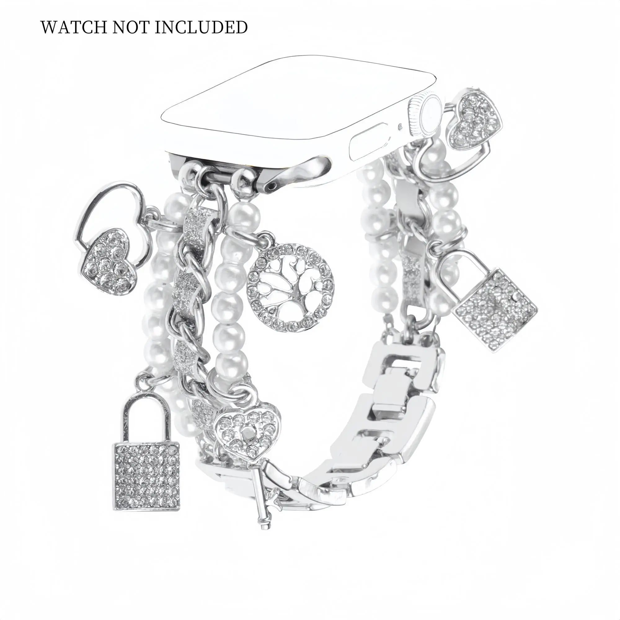 Fashion Pearl String Heart-shaped Pendant Watch Band, Smart Watch Straps, metallic Cuban Chain with Shiny Pendant for iWatch Series 10 9 8 7 6 5 4 3 2 SE Ultra 2, Smart Watch Accessories, Wearable, Smartwatch Strap, Wearable Accessory