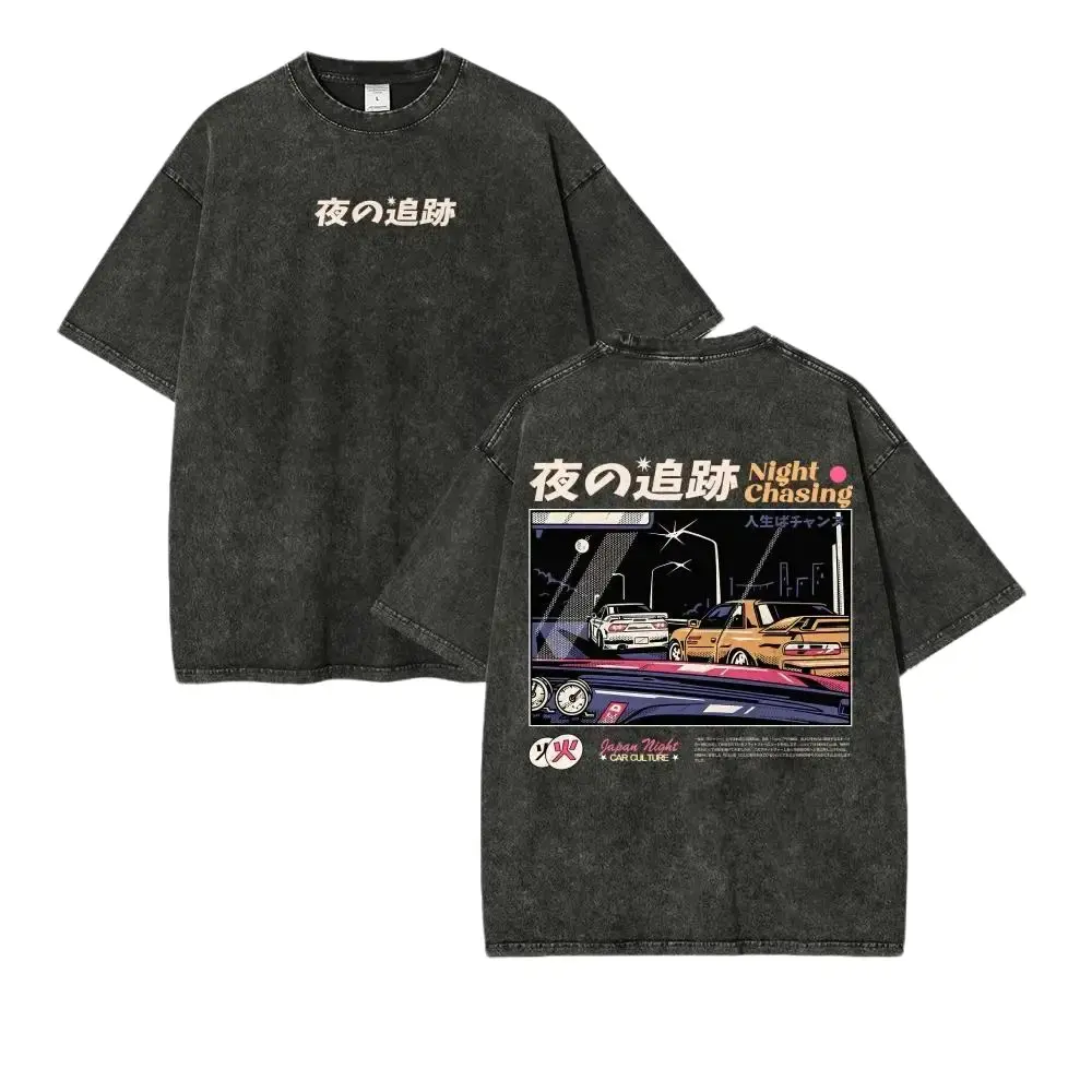 **Initial D JDM Car Graphic Tee, Vintage Acid Wash Tee, Anime OOTD show Night Chasing Back Print Top, Y2K Grunge Harajuku Hip Hop Streetwear T-Shirt for Men Women** Casual Round Neck