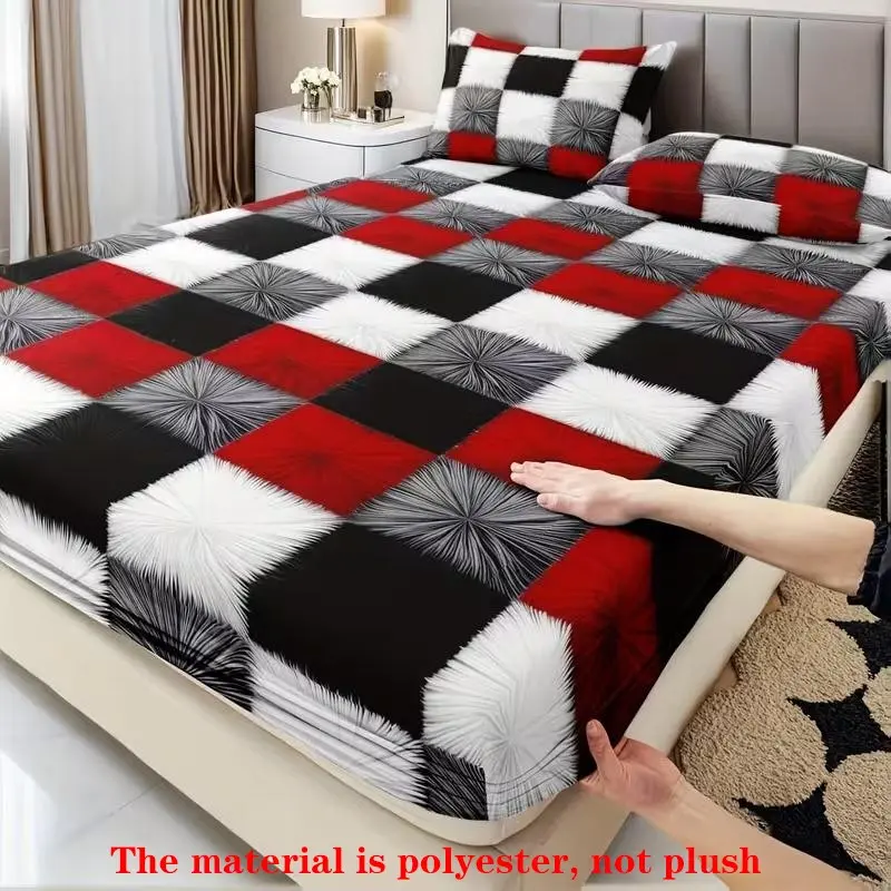 Modern Geometric Bed Sheet Set (1 Fitted + 2 Pillowcases), Comfortable and Stylish, Suitable for Dorms and Hotels, All Seasons Use, Polyester Bedding, Geometric Bedding, Decorative Bedsheet Sets
