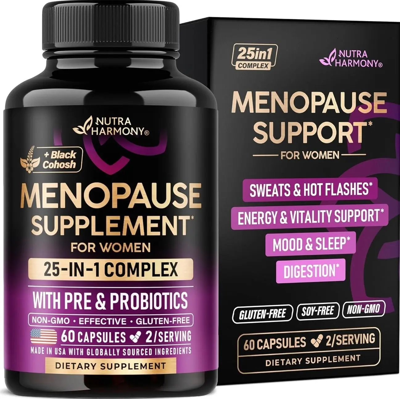 Menopause Supplements for Women - Black Cohosh, Pre & Probiotics - 60 Caps | Sweats & Hot Flashes Relief - Digestion, Sleep & Mood Support - 25in1 Complex - Dong Quai, Red Clover & Vitamins - Lab Tested
