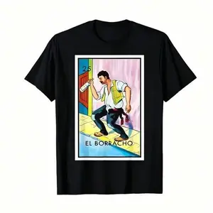 Summer t Shirts of Round-Neck Patterned T-Shirt - Print of The Pattern of The Mexican Lottery Card "El Tomador"