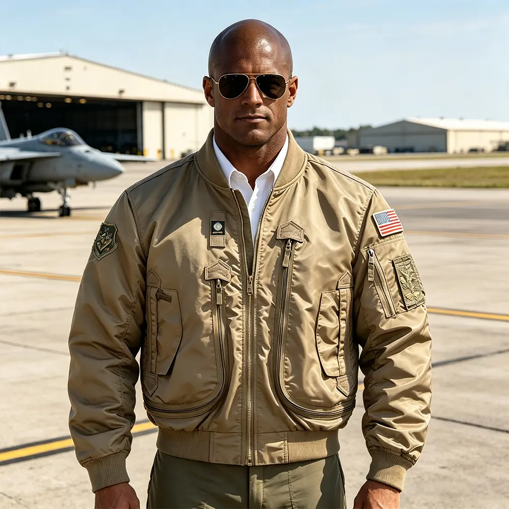 Menswear Classic MA1 Aviation Pilot Coat - Rugged Tactical Windbreaker, Ribbed Fabric, Pocket-Equipped Military Street Outerwear for Men
