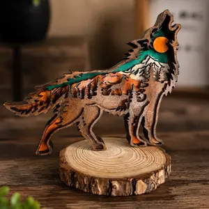 3D wooden wolf handcrafted decor