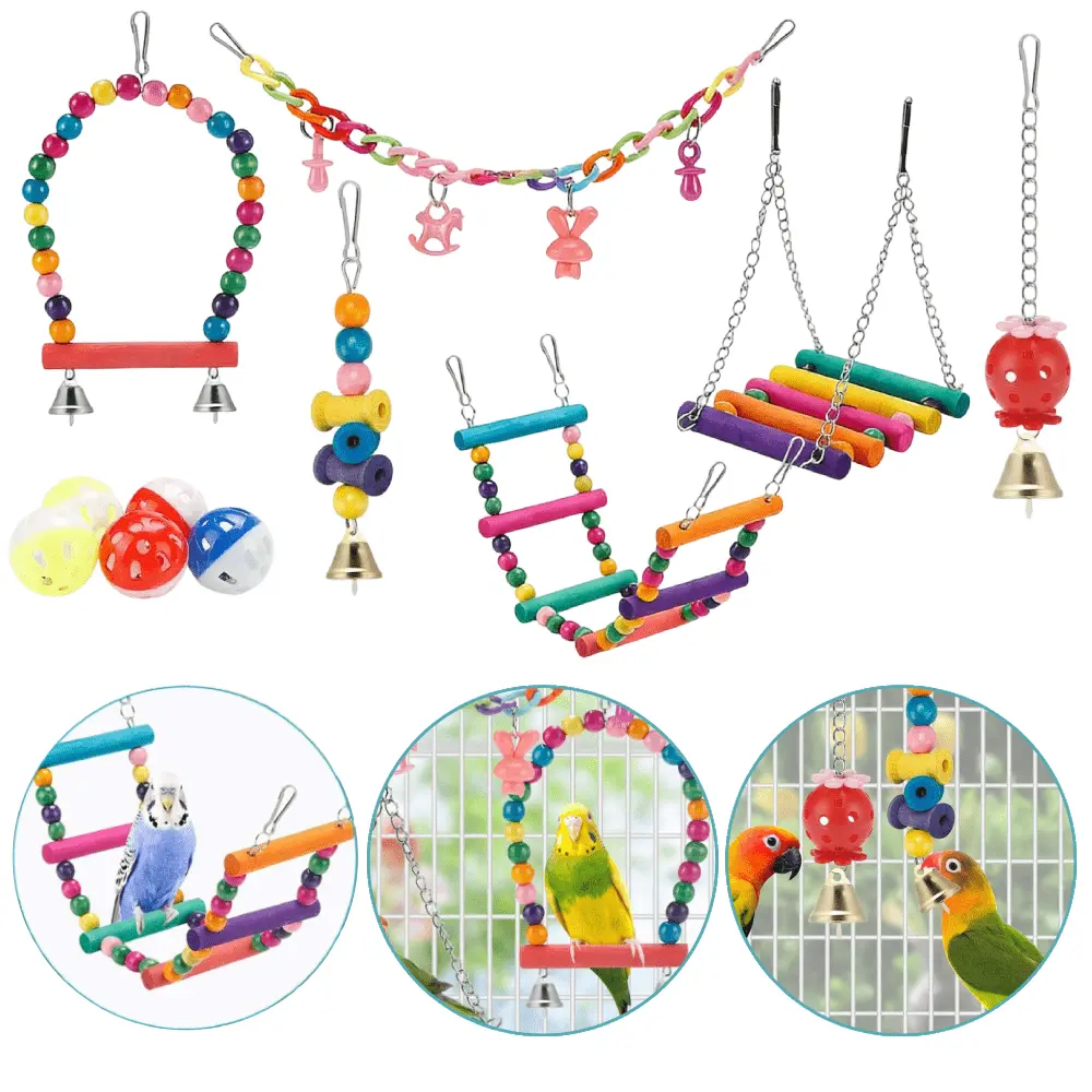 Bird Parakeet Toys - Swing Hanging Standing Chewing Hammock Climbing Ladder Bird Cage Colorful Toys Suitable for Budgerigar, Parakeet, Conure, Cockatiel, Mynah, Love Birds, Finches