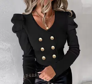 Long Sleeve Blouse with Gold Buttons - Executive Design