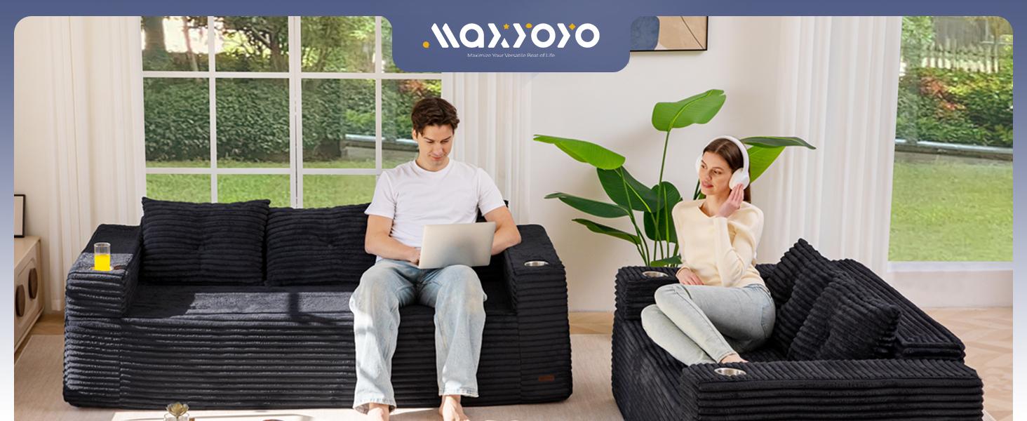 MAXYOYO Boneless Couch and Loveseat Sets for Small Spaces, Mini Love Seat Floor Couch with Cup Holders and Pillows, Upholstered Cloud Couch for Bedroom Apartment, No Assembly Required