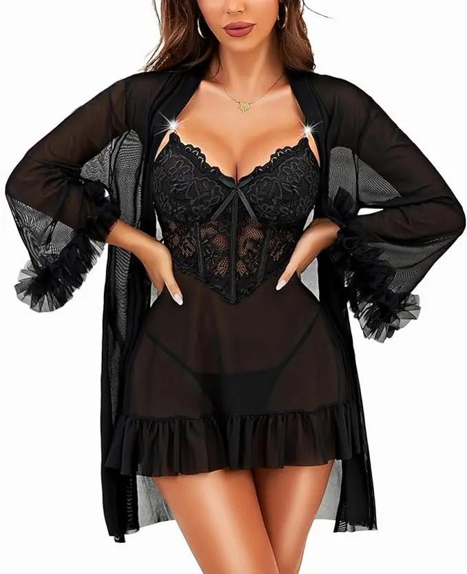 Women Sexy Lingerie Set 2 Piece  Lace Strap Chemise Sleepwear Mesh Nightgown