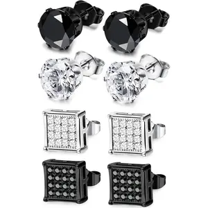 MILACOLATO 4-Pair Stainless Steel Stud Earrings Set, Hypoallergenic CZ Inlaid, 6-10MM Silver Black Square, Lightweight Men's Earrings for Everyday Wear