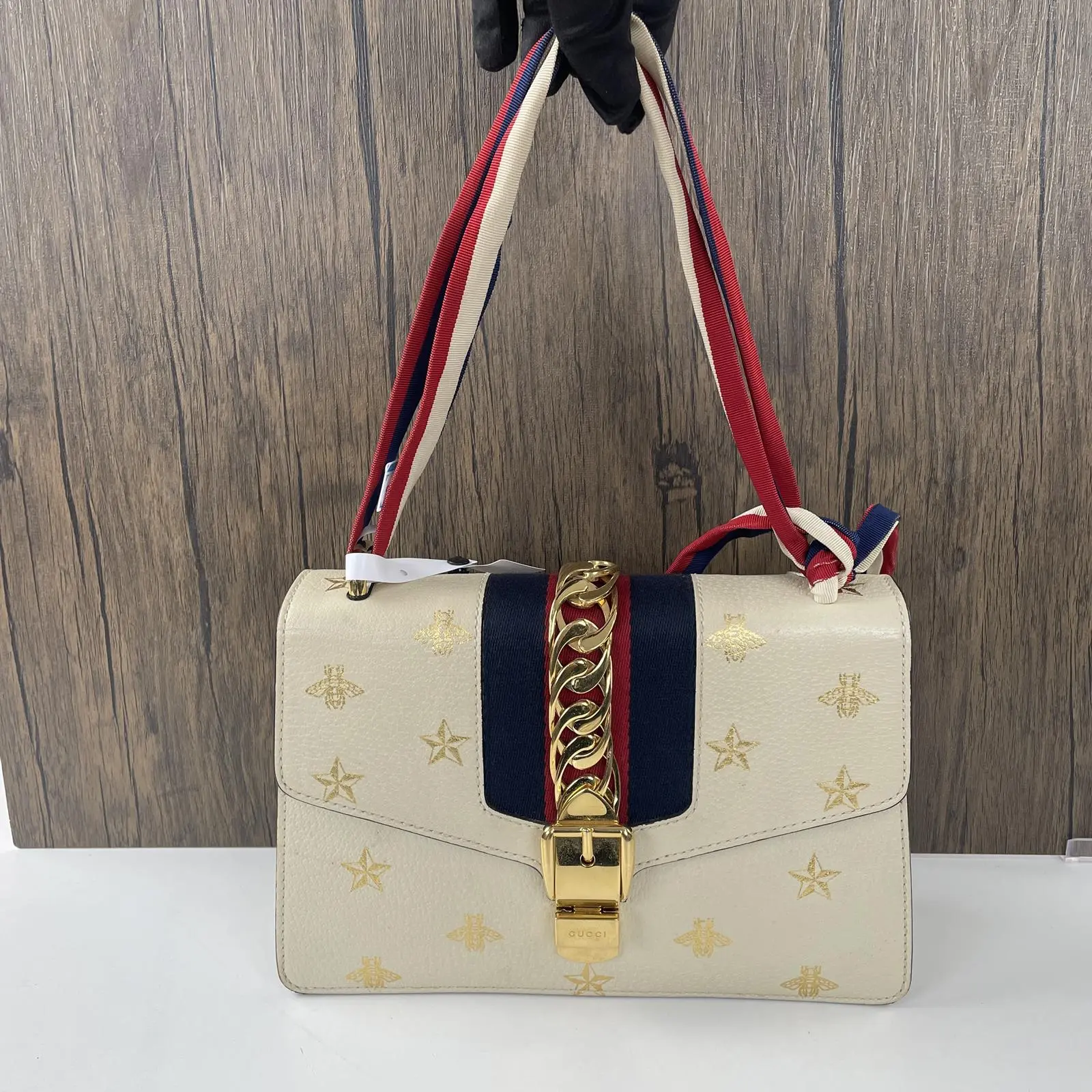 Pre-owned GUCCI leather Shoulder Bags Textured Calfskin Bee Star Print Small Sylvie Shoulder Bag+charm rrr