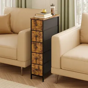 Superlele Narrow Storage Cabinet,   5 Drawers, Slim Fabric  Storage Tower For Small Spaces, Black   Steel Frame, Wood Top, For Bedroom, Bathroom, Laundry, Closet, Bathroom Dresser with 5-Tier Bamboo Bookshelf Multi-Tier Shoe Rack LED Lighted Charging