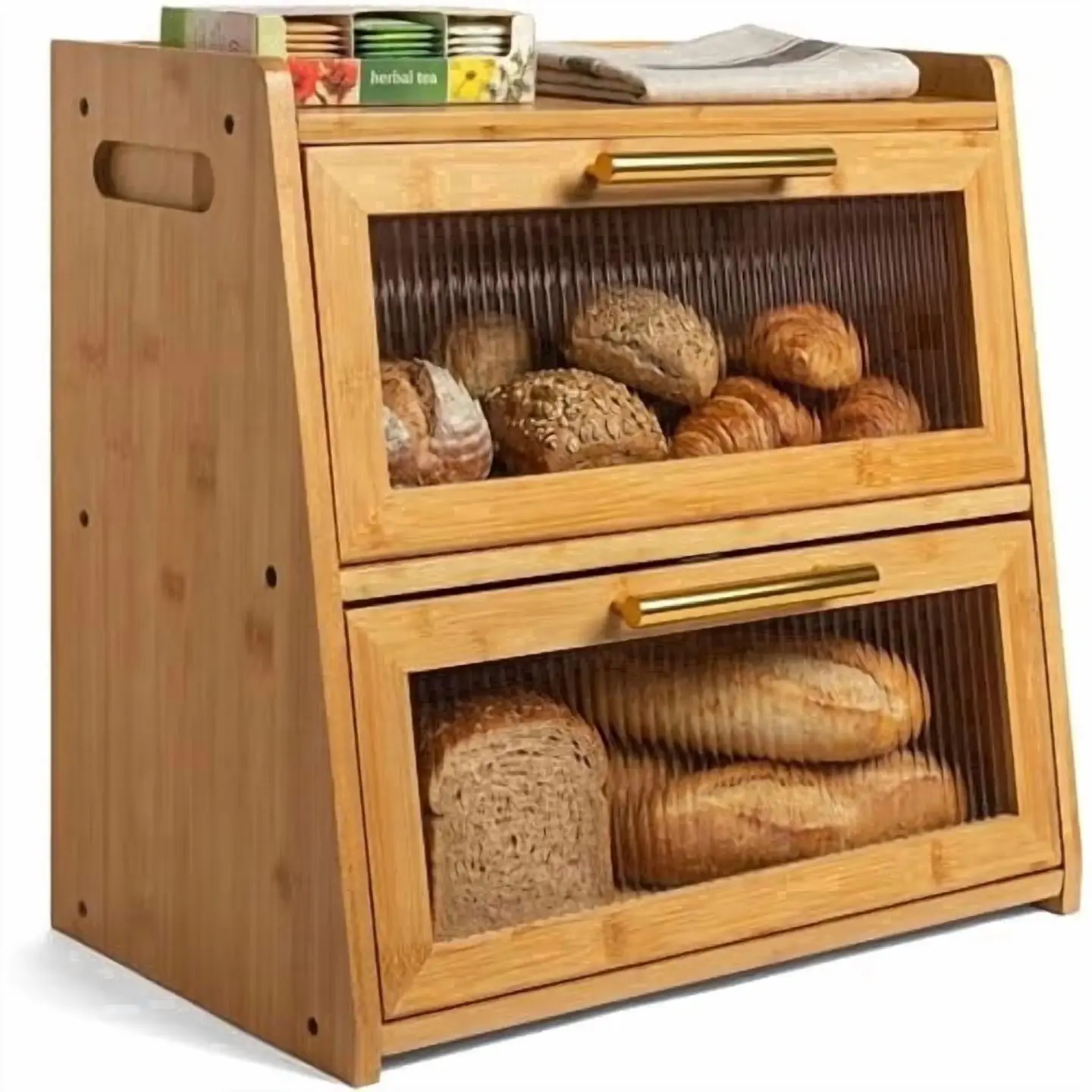 Gennua Kitchen Extra Large 2-Tier Bamboo Bread Box for Kitchen Countertop, Wooden Bread Storage Bin with Frosted Acrylic Doors, Bread Keeper for Multiple Loaves, Pastries & Baked Goods