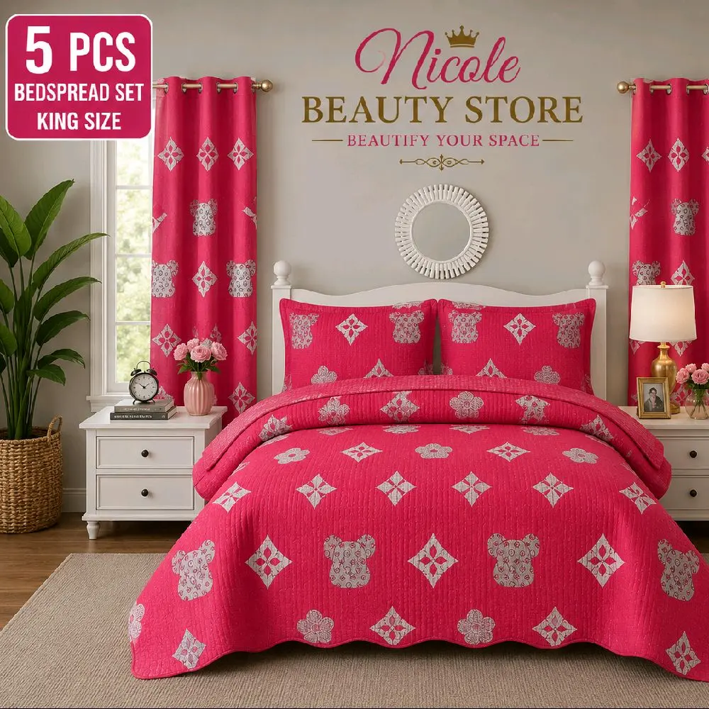 5-Piece Bedspread Luxury Pink King Size Set with Matching Curtains