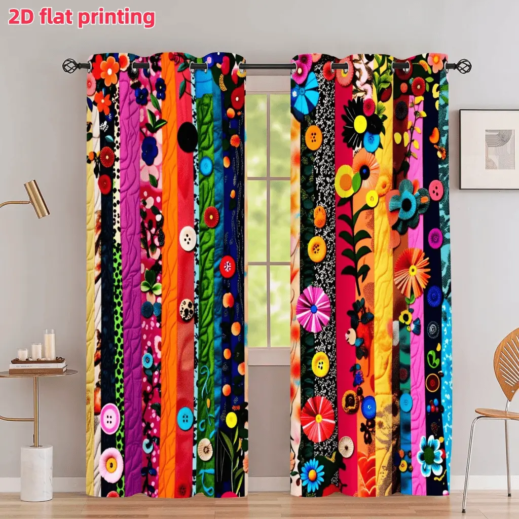 2D Flat 2Pcs Bohemians Style Patchwork Floral Printed Curtain Panel, Home Decorative Curtain, Button and Stripe Patterns, Grommet Top Design, Semi Sunshade, Suitable for Home Window Decoration