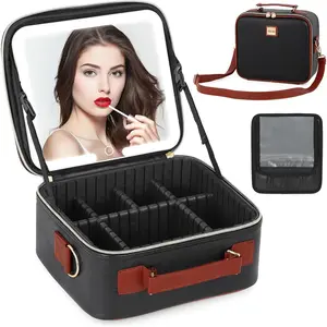Makeup Bag with LED Lighted Mirror Cosmetic Organizer with Adjustable Dividers and 5X Magnifying Mirror Portable Makeup Vanity Case for Women