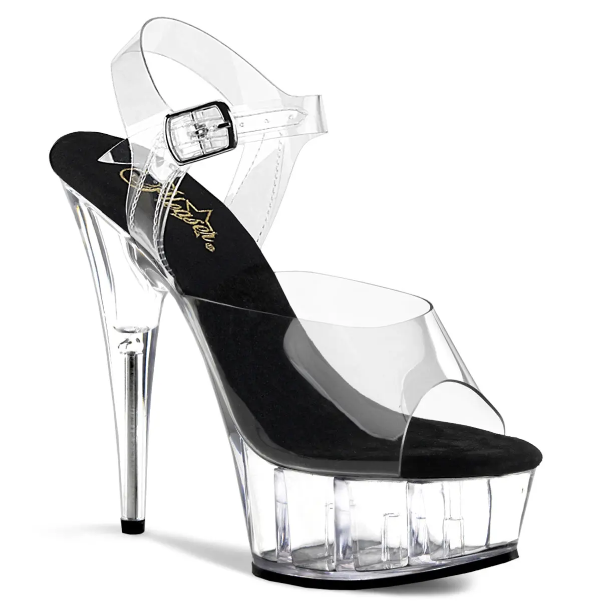 Pleaser Delight-608 Women's 6" Stiletto Heel Sandals, Transparent Peep-Toe Platform with Ankle Strap for Evening Wear, Stylish Footwear, Chic, Chic Sandals, Synthetic, Rubber/Synth, Statement Shoes, Glamorous Heels