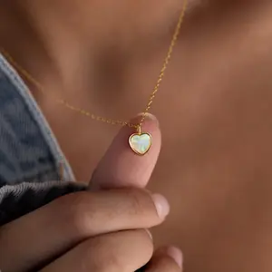 TEWIKY Greenish Spring Jewelry Golden Heart Opal Pendant Necklace for Women Dainty Simple Pendant with Elegant Hypoallergenic Jewelry Party Daily Wear For Fashion Items, Holiday gifts