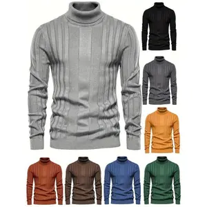 Men’s Turtleneck Knit Sweater, Casual Warm Solid High-Stretch Pullover for Autumn and Winter