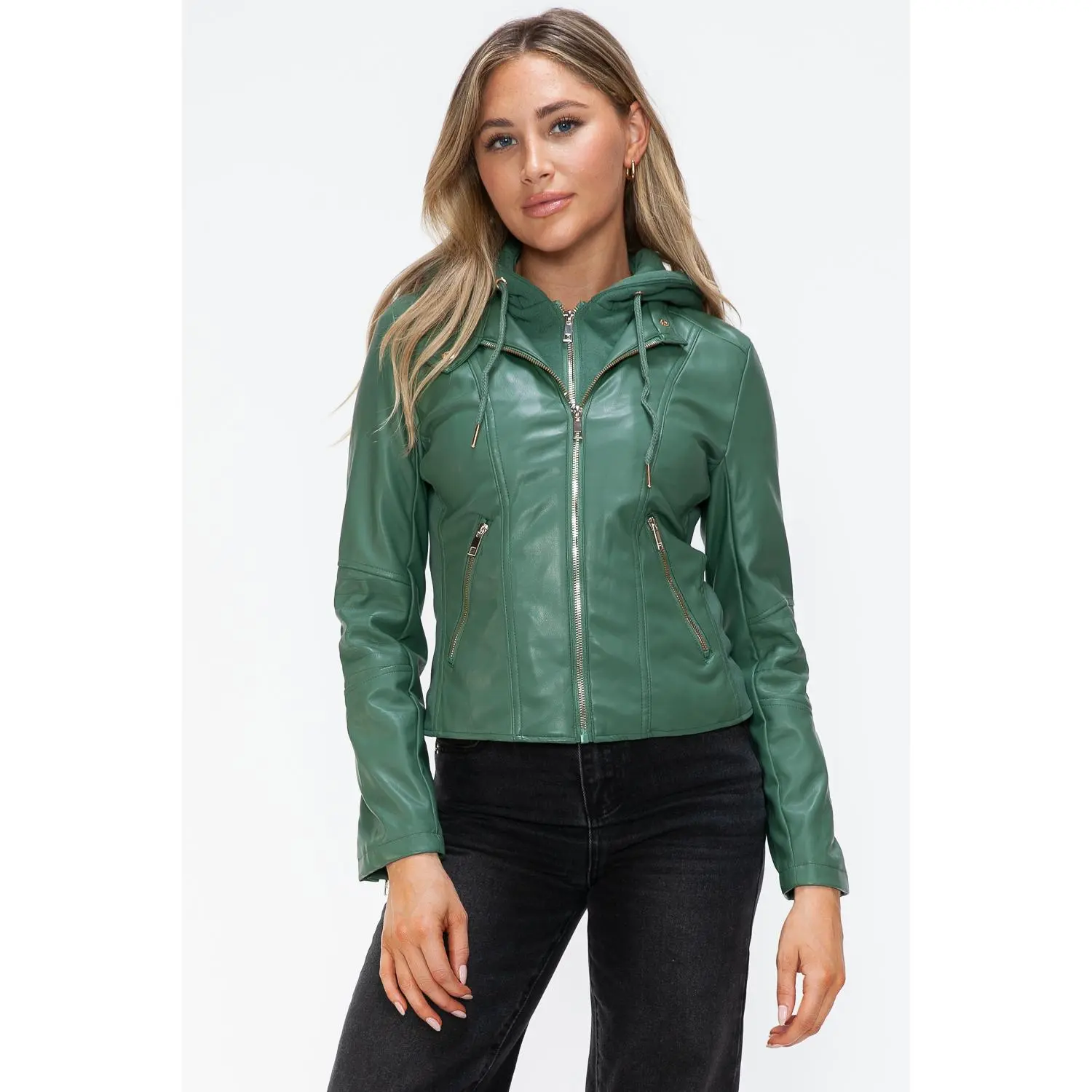 Snobbish Faux Leather Zip Up Drawstring Hooded Jacket