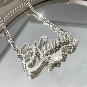 1pc Personalized Stainless Steel Name Necklace - Frosted Letter Pendant with Sparkling Accents, 18K Golden Plated Cuban Link Chain, Bohemian Chic Unisex Jewelry Gift for Women & Men, Casual or Special Occasions, Cursive Font Design