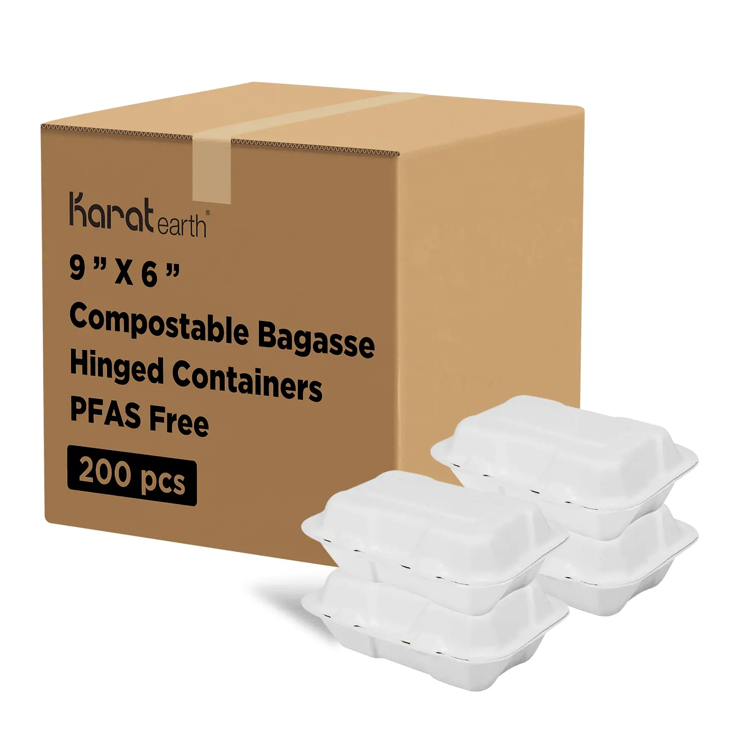 Karat Earth 9''x6'' PFAS Free Compostable Bagasse Hinged Containers, White - 200 pcs Karat Earth 9''x6'' PFAS Free Compostable Bagasse Hinged Containers, White - 200 pcs