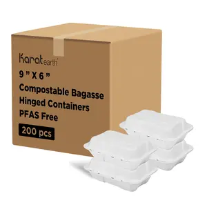 Karat Earth 9''x6'' PFAS Free Compostable Bagasse Hinged Containers, White - 200 pcs