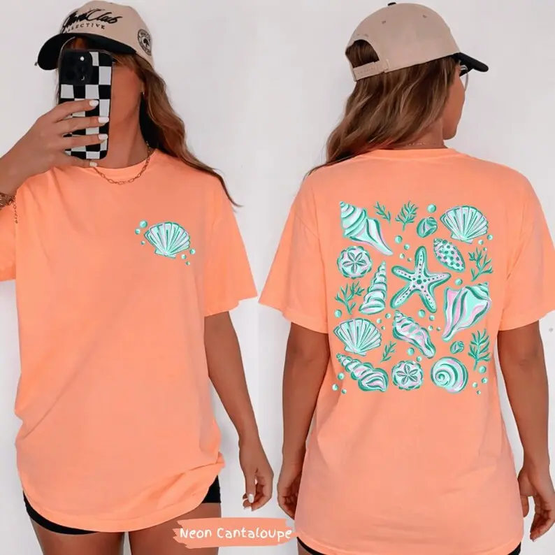 Comfort Colors Summer Seashells TShirt Double Sided Front And Back Coastal Beach Shell Tee Tshirt Vacation Summer Tee Shirt