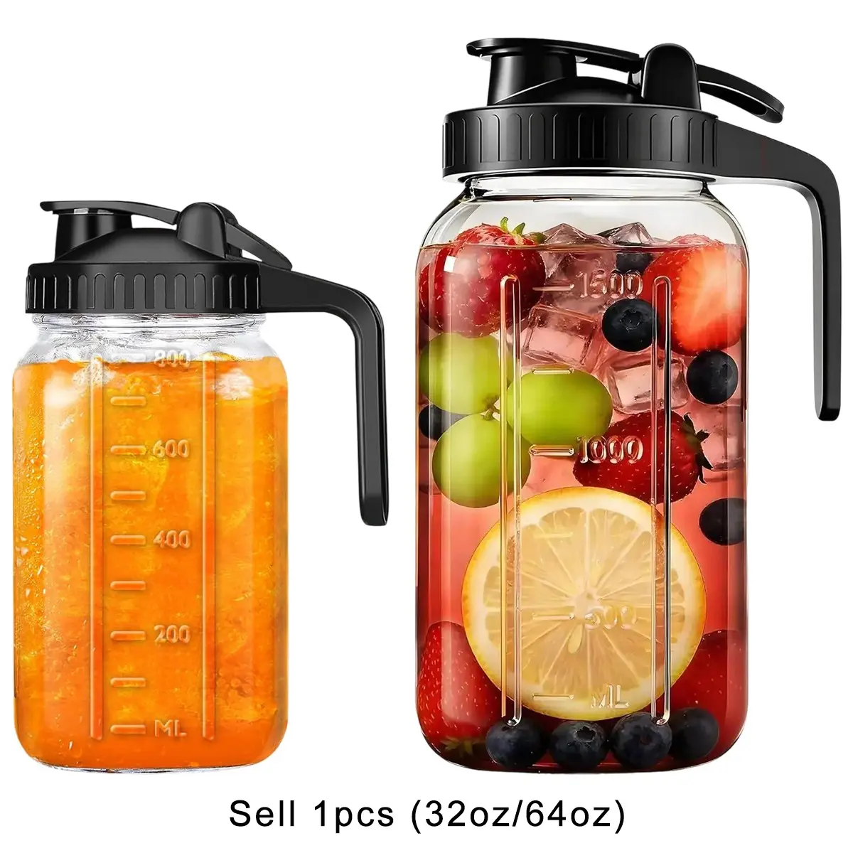 Mason Jar Pitcher – Airtight & Leakproof Glass Pitcher with Lid, Perfect for Iced Tae, Cold Brew, Breastmilk, Mason Jar with Pour Spout Lid Flip-Cap & Handle, Reusable Juice Containers, Clear Container, Fruit Juice Container, Glass Coffee Containers