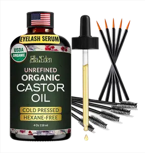 Ella & Eden USDA Organic Castor Oil for Eyelashes 4 Fl Oz Glass Bottle Cold Pressed Hexane-Free with Brushes for Fuller Lashes Defined Brows & Hydrated Skin