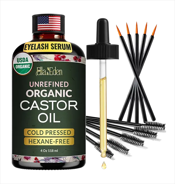 Ella & Eden USDA Organic Castor Oil for Eyelashes 4 Fl Oz Glass Bottle Cold Pressed Hexane-Free with Brushes for Fuller Lashes Defined Brows & Hydrated Skin