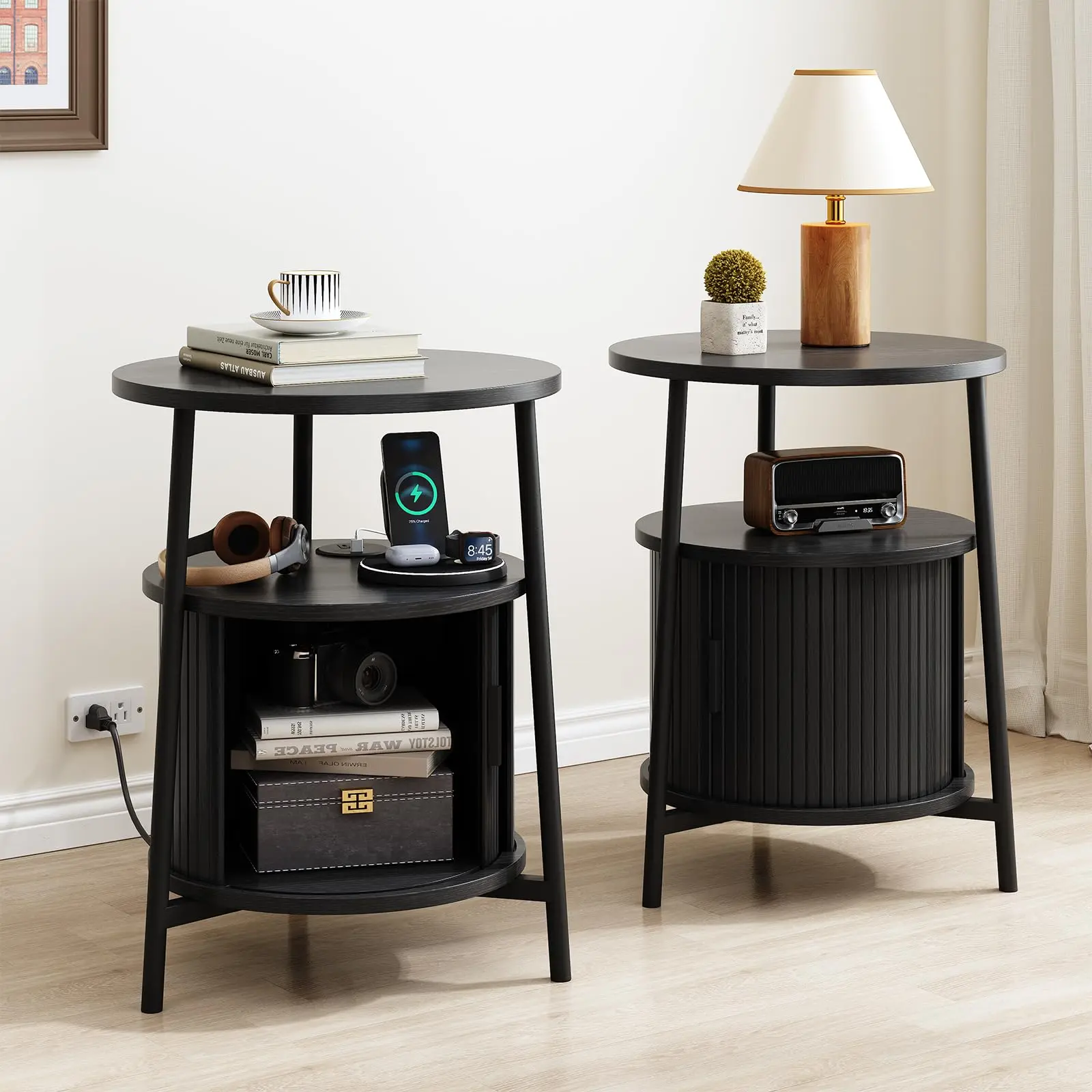 【BackToSchool】ONBRILL Round Side Table with Storage, Fluted Nightstand with Charging Station, Small Mid-Century Modern Bedside Tables, Walnut End Tables for Small Space Living Room Bedroom Sofa Couch