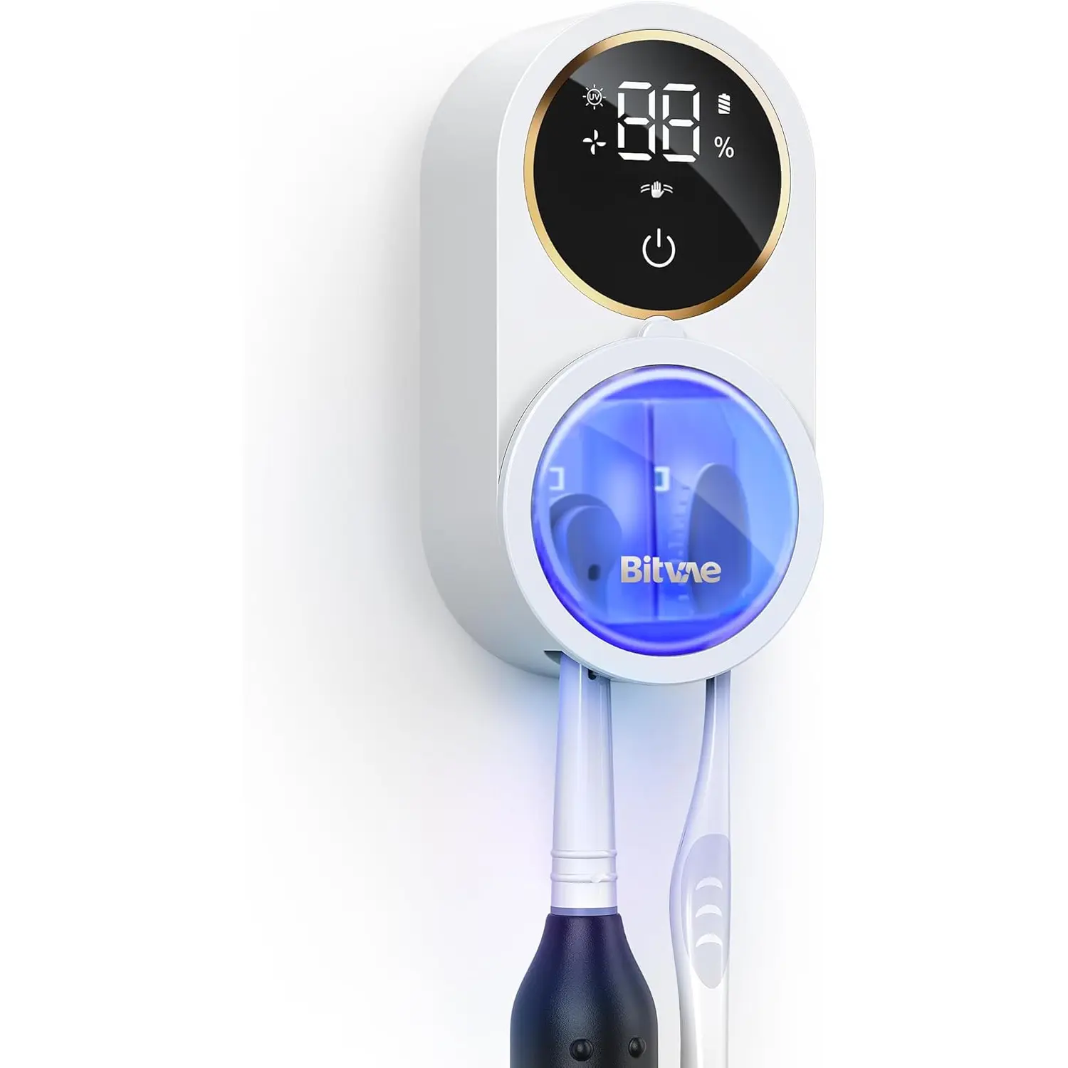 Minimalist Modern Oral Care Plastic Body Bitvae Upgraded 2.0 Toothbrush Holder for Bathroom, Infrared Sensing Cleaner, Wall-Mounted for Most Sizes, Air Drying, LED Smart Screen, White Gold Trim, for Daily Use