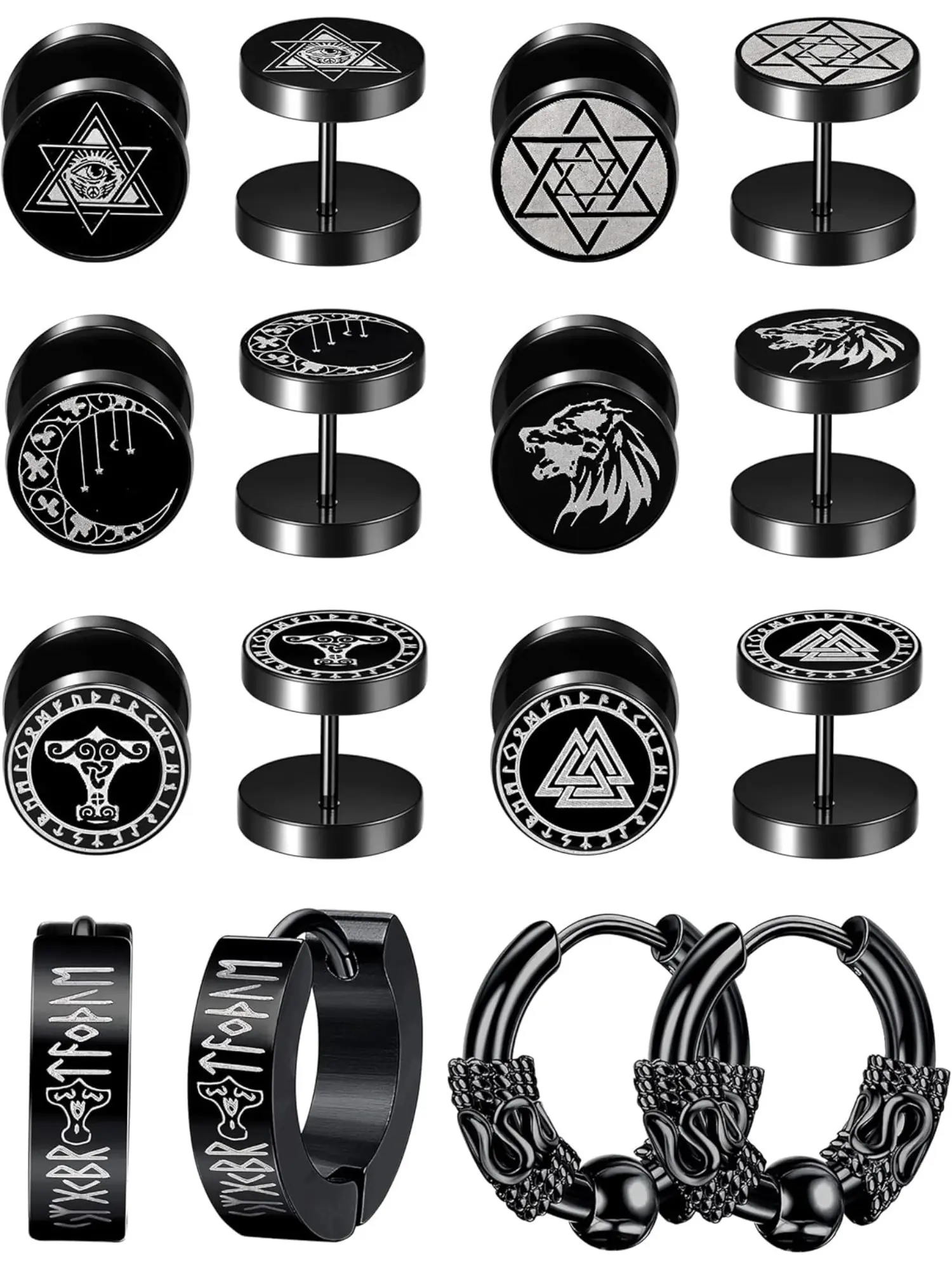 8 Pairs Mens Earrings Studs Stainless Steel Viking Hoop Earrings Fake Gauges Earrings Classic Black Stud Earrings Norse Viking Jewellery Stud Earrings Jewelry