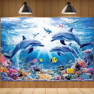 1pc 2D Flat Giant Ocean Dolphin Wall Tapestry, Universal Holiday Decor, Durable Polyester, No Power Needed, Pre-Drilled for Easy Hanging, Perfect for Home & Outdoor Display