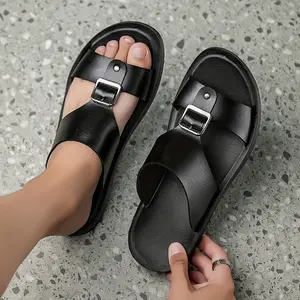 Men's Casual Slip-On Sandals with Adjustable Metallic Buckle Straps - Superfine Synthetic & PU Sole for Beach, Indoor/Outdoor Use - Spring Summer Fall Black, Summer Footwear |   Adjustable Sandals |   Synthetic Sandals, Strappy Sandals