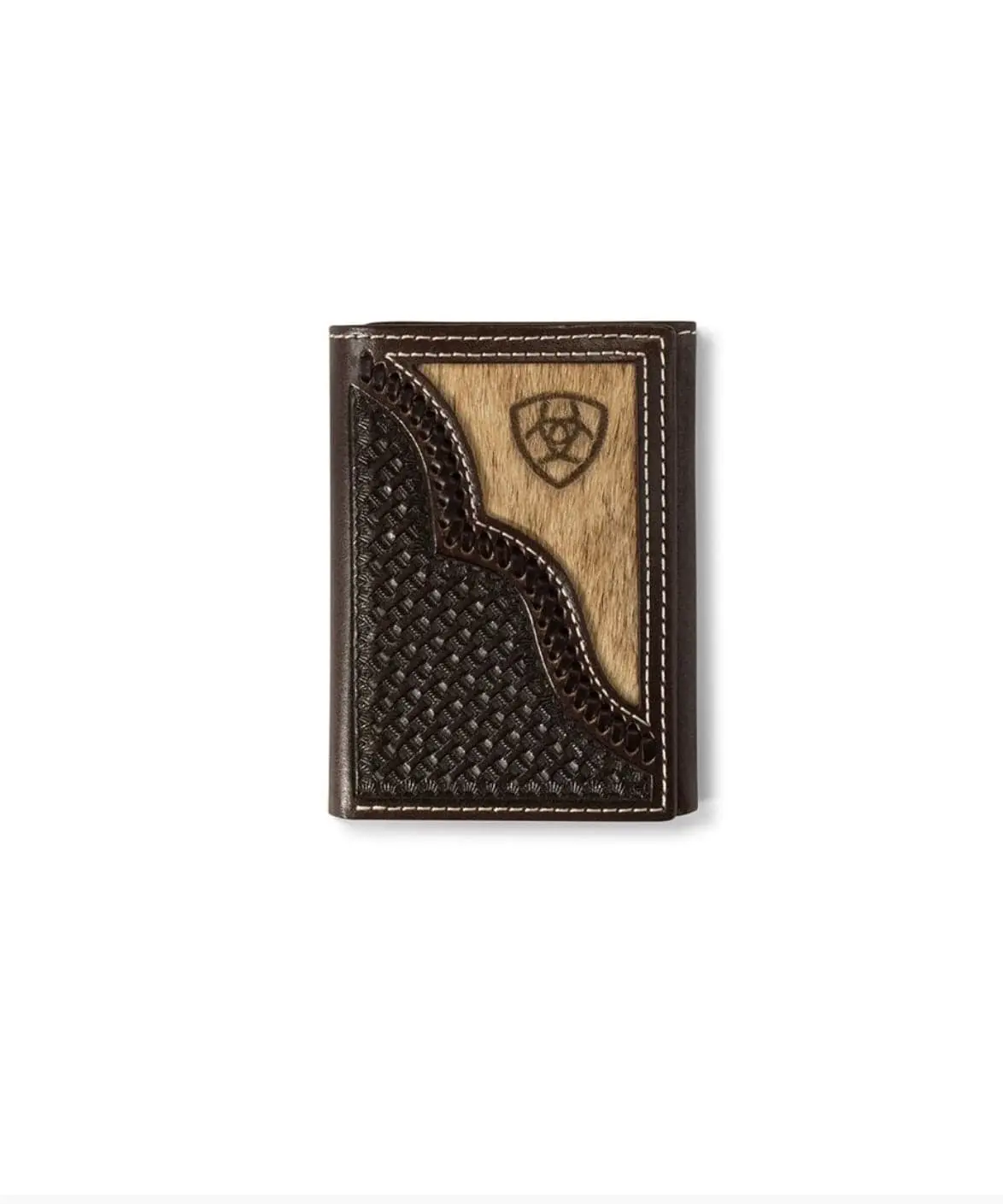 Ariat Men’s Trifold Genuine Leather Wallet - Chocolate Leather Body with Calf Overlay, Embossed Shield Logo, Card Slots, Multifunctional Chocolate Cowboy Men’s Western Accessory, Chocolate Men's Wallets, Cowboy Men's Wallets