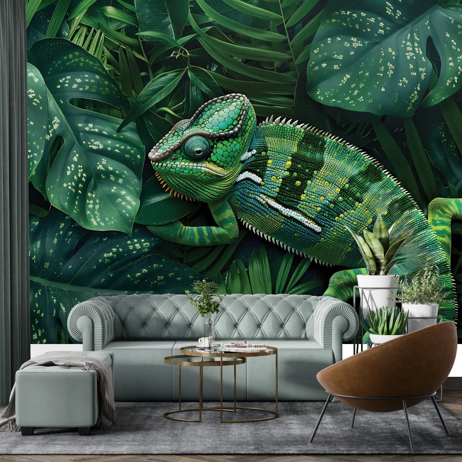 Tropical Chameleon Peel and Stick Wallpaper - Lush Jungle Mural with Green Foliage Removable Wallpaper for Home, Hotel and Office Decor
