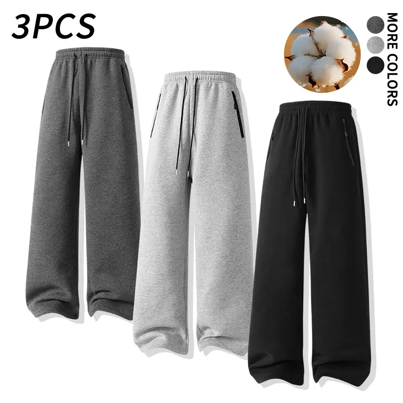 3-Pack Warm Cotton Sweatpants for Winter | Essential Casual Straight-Leg Pants with Practical Pockets