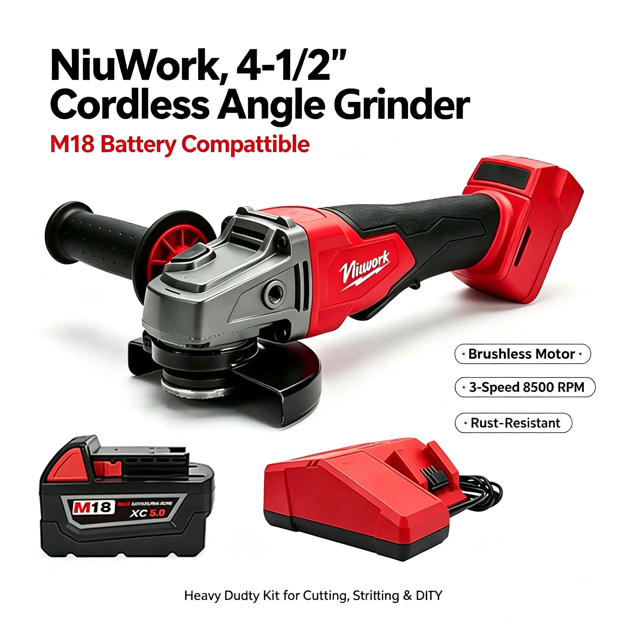 NiuWork 4.5" Cordless Angle Grinder (Angle Grinding Machine) - M18 Compatible, Brushless Motor, Rust-Resistant, Cordless Freedom, Cutting/Grinding, Auto Repair Ready, Heavy Duty for Metal/Concrete Projects