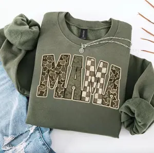 Hunting Mama Camo Western Sweatshirt, Hunting Wife Distressed Varsity Tee, Cowboy Camouflage Checkered Shirt, Camo Cozy Season Outfit, Gift for Her and Him - EVA RAMOS