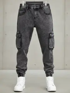 Men's Solid Flap-Pocket Cargo Jeans, Regular Fit Street Fashion Denim Trousers for Daily Wear, Men's Bottoms for All Seasons