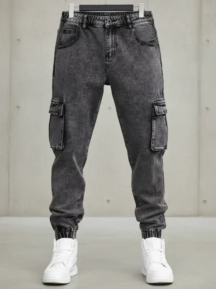 Men's Solid Flap-Pocket Streetwear Cargo Jeans, Regular Fit Denim Trousers for Daily Wear, Men's Bottoms for All Seasons
