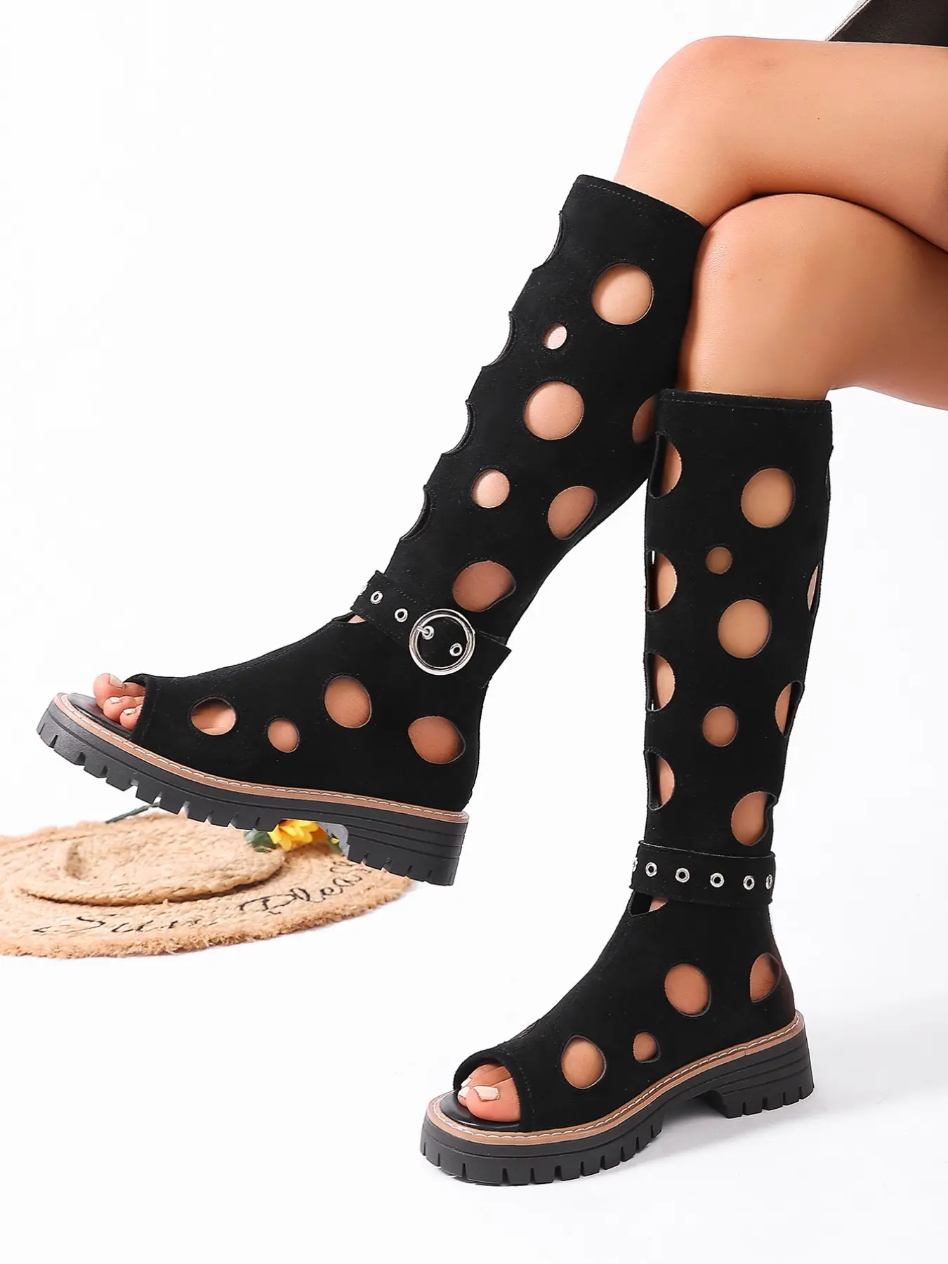 Thick-Sole High-Top Sandals with Hollow Round-Hole Design and Side Zipper, Stylish Rubber Summer Footwear for Women, Side-Zip Sandal Boots