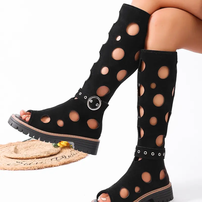 Thick-Sole High-Top Sandals with Hollow Round-Hole Design and Side Zipper, Stylish Rubber Summer Footwear for Women, Side-Zip Sandal Boots