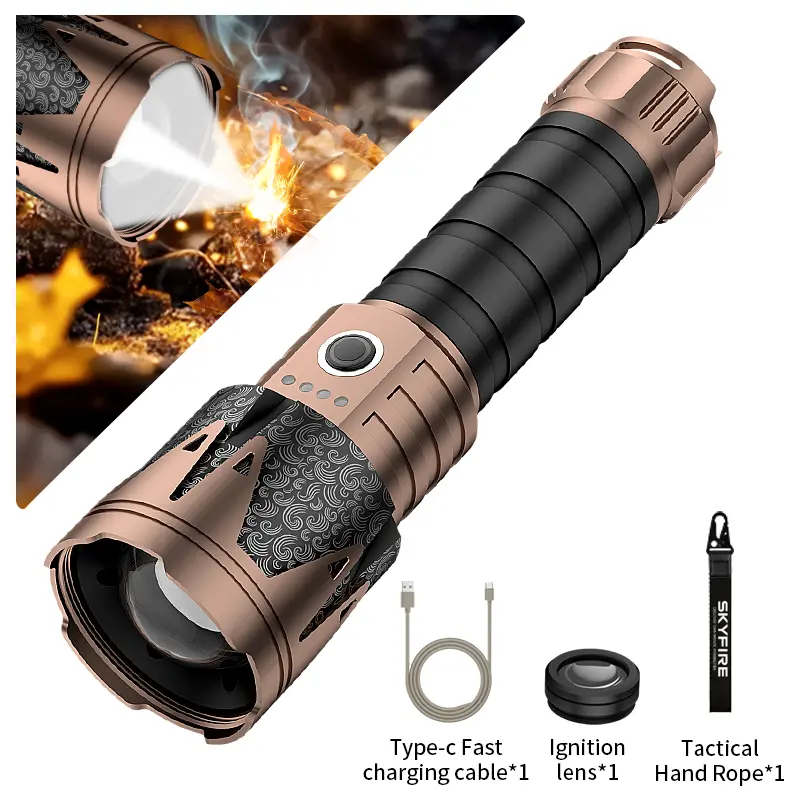 SKYFIRE 2000J Lucky Totem Heavy-Duty Handheld Flashlight, Adjustable High-Power Outdoor Light with Bright Illumination & Safe Ignition for Camping, Hiking, Lithium Batteries Compatibility