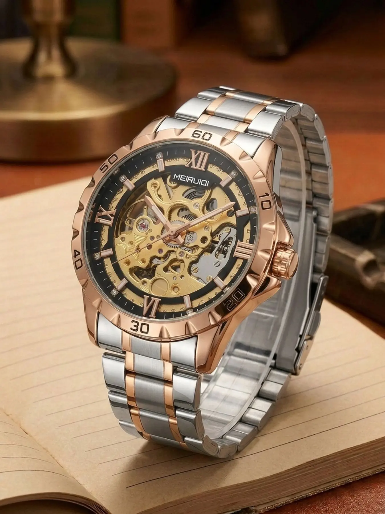 A men's hollow mechanical watch with dual-color metal strap, Roman numerals, trendy and personalized for men, Fashionable wristwatch, Fashion Wristwatches