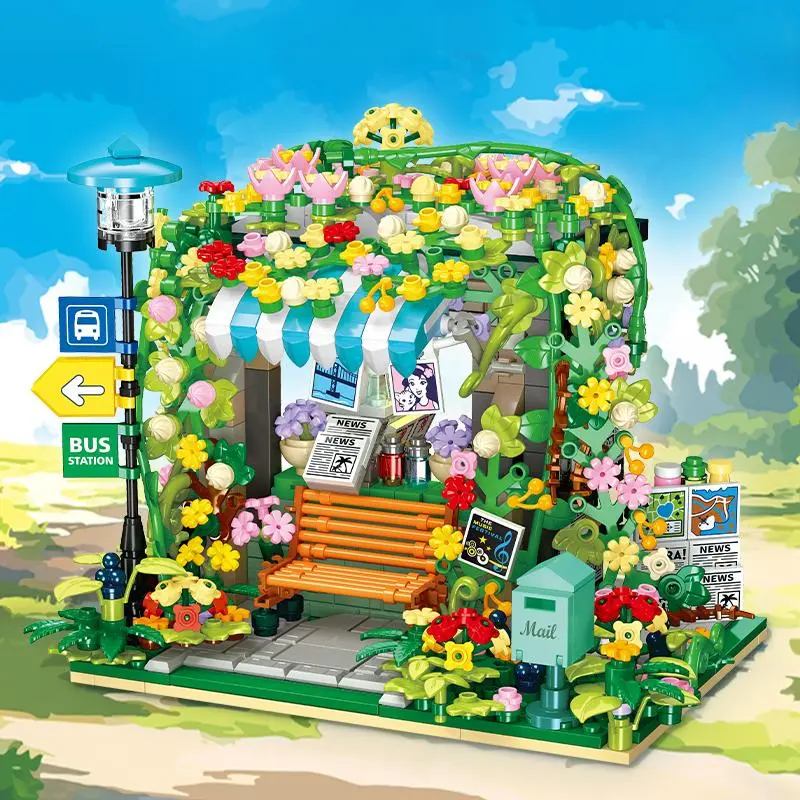 834PCS Flower Newsstand Building Blocks Set – Romantic Garden Street Scene Model Kit, Creative Floral Bookstand & Bus Stop Style Display, DIY STEM Brick Toy for Kids & Adults, Perfect Gift for Girls, Collectors & Home Decor Lovers