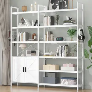 Semoic 6 Tire Large Black L Shaped Bookshelf & Corner Bookcase with Storage Cabinet and 2 Barn Doors and 10 Storage Shelves, 71.3" Tall Farmhouse Etagere L Shaped Book-Shelf with Metal Frame