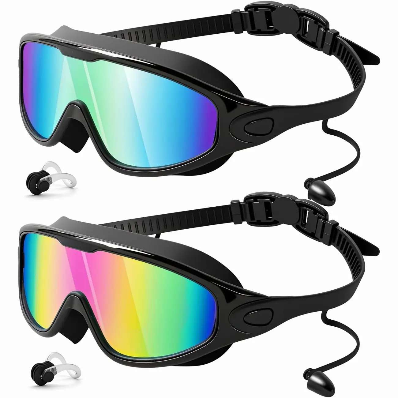 2 Pack Swimming Goggles, Polarized Wide Lens Adjustable Silicone Strap with Earplugs, Anti-Fog UV Protection Leak-Proof Clear Vision Comfort Fit, for Men Women Teen Swimmers, for Pool Open Water Triathlon Water Sports