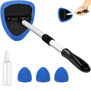 Windshield Cleaner Tool, Car Interior Detailing Cleaning Kit with Extendable Handle and 3 Upgraded High-Density Reusable Microfiber Pads, Auto Glass Wiper Brush Kit for Cars, Blue